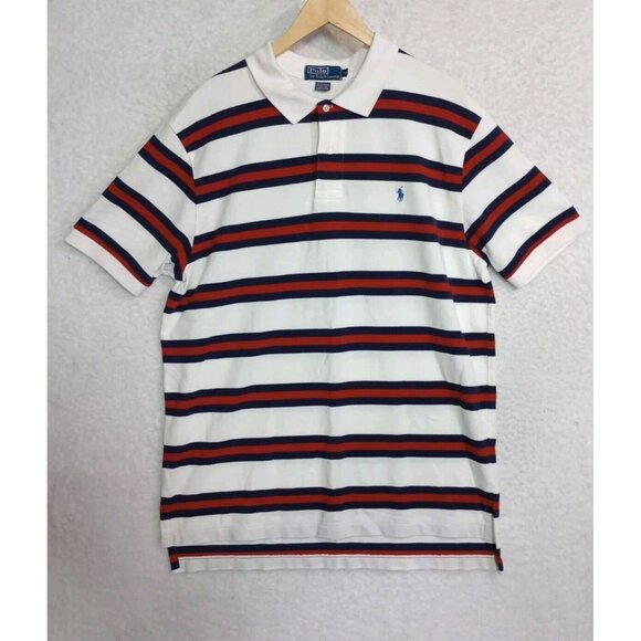 Vintage Ralph Lauren Polo Shirt Mens XL White Red Blue Striped Pony - Picture 1 of 9